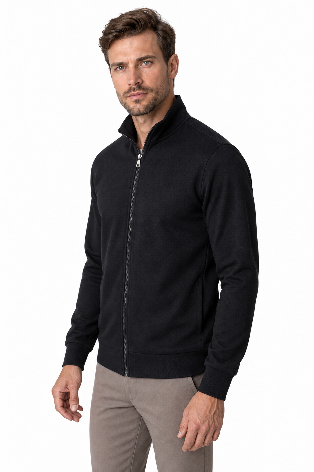 Ventorino Men's Sweatshirt Stand Collar Full Zip | Ventorino in Black — model three-quarter view