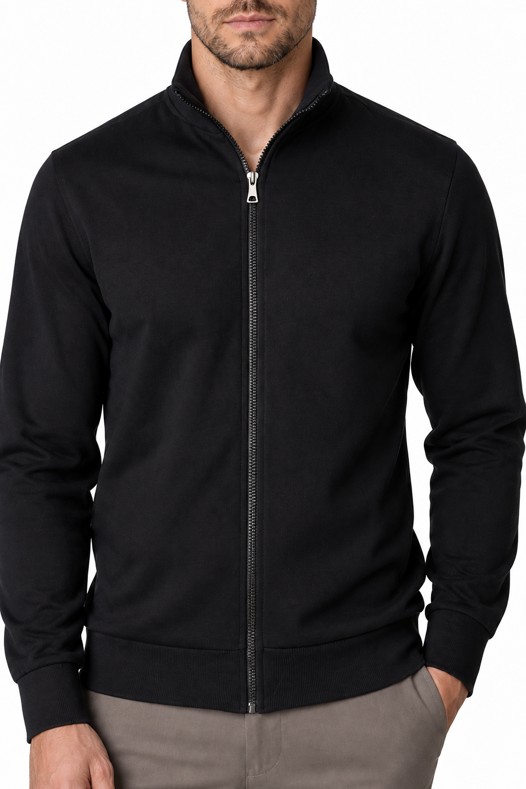 Ventorino Men's Sweatshirt Stand Collar Full Zip | Ventorino in Black — garment and fabric detail