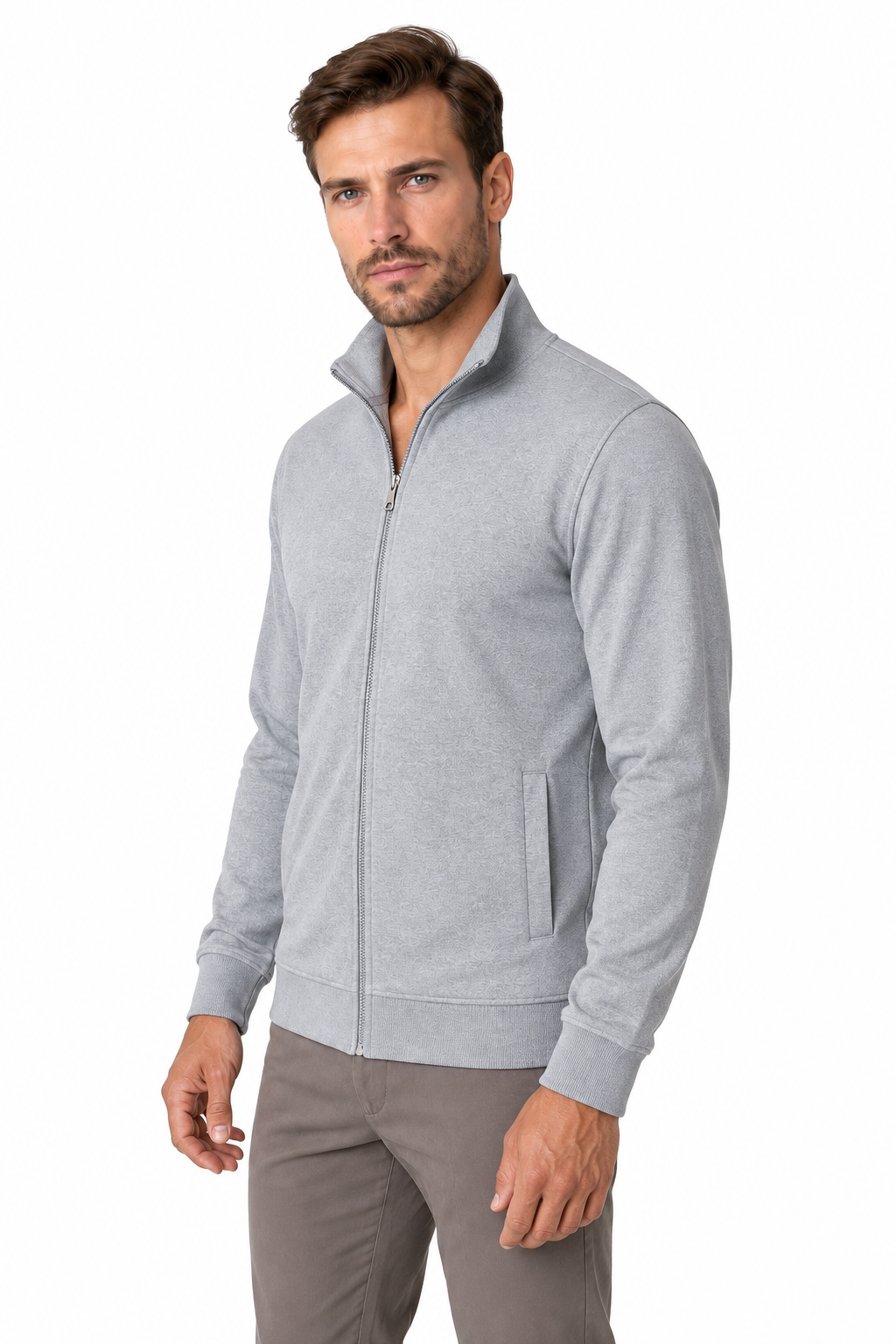 Ventorino Men's Sweatshirt Stand Collar Full Zip | Ventorino in Light gray — model three-quarter view