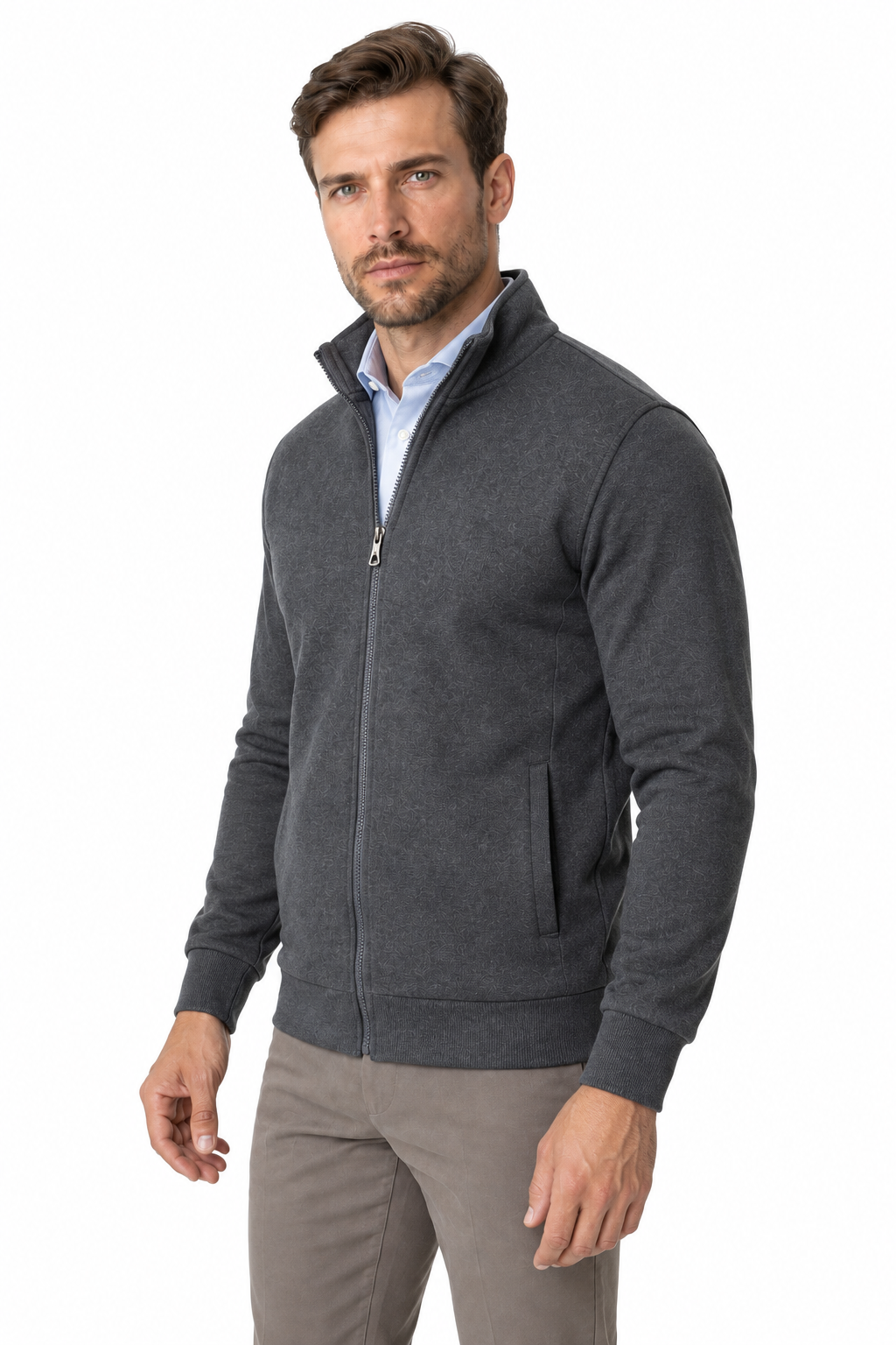 Ventorino Men's Sweatshirt Stand Collar Full Zip | Ventorino in Dark grey — model three-quarter view