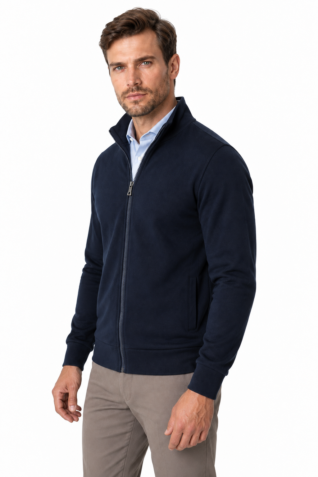 Ventorino Men's Sweatshirt Stand Collar Full Zip | Ventorino in Navy — model three-quarter view