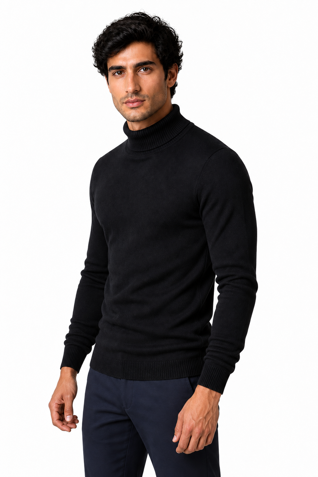 Ventorino Men's Turtleneck Sweater Slim Fit Soft Knit | Ventorino in Black — model three-quarter view