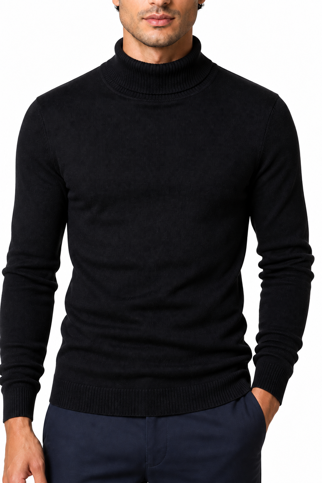 Ventorino Men's Turtleneck Sweater Slim Fit Soft Knit | Ventorino in Black — garment and fabric detail
