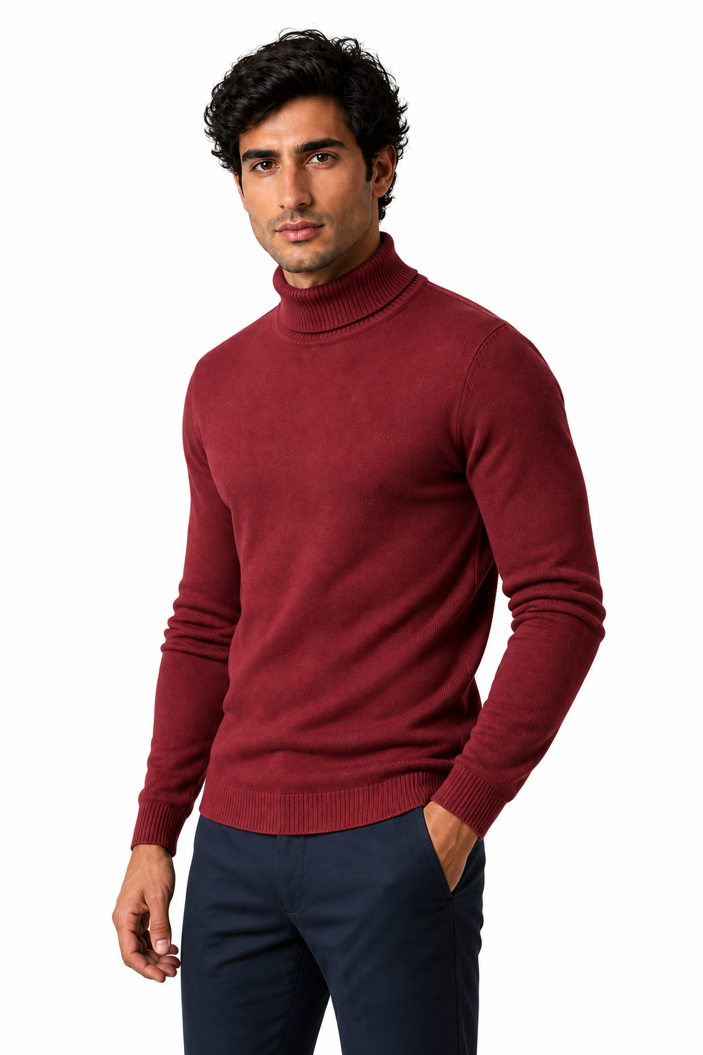 Ventorino Men's Turtleneck Sweater Slim Fit Soft Knit | Ventorino in Wine Red — model three-quarter view