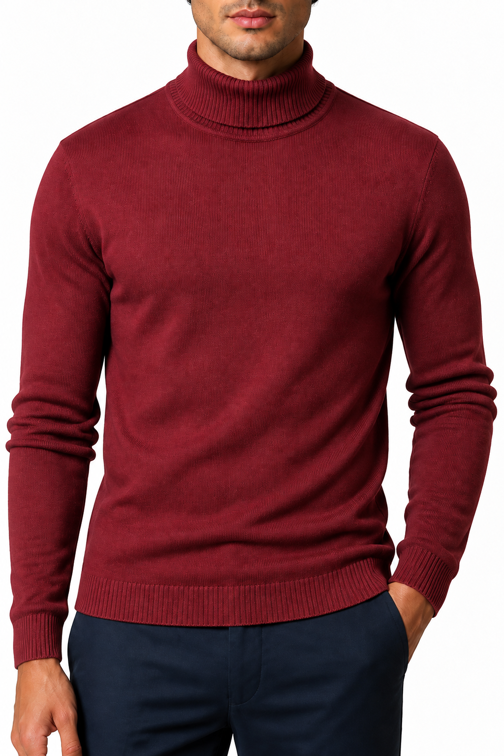 Ventorino Men's Turtleneck Sweater Slim Fit Soft Knit | Ventorino in Wine Red — garment and fabric detail