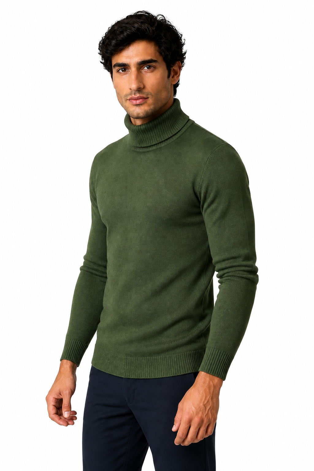 Ventorino Men's Turtleneck Sweater Slim Fit Soft Knit | Ventorino in Army Green — model three-quarter view