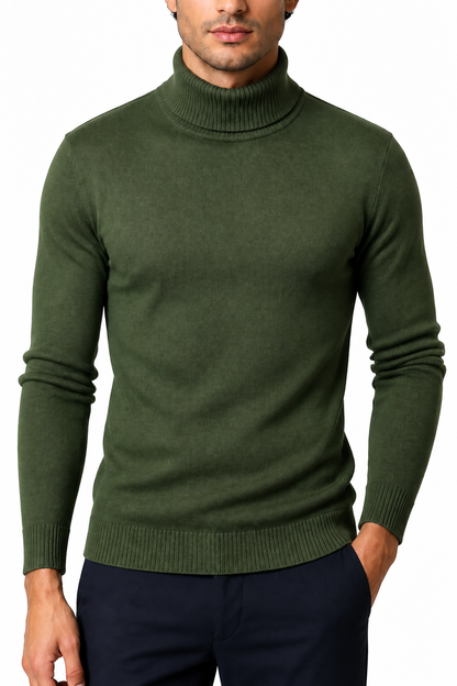 Ventorino Men's Turtleneck Sweater Slim Fit Soft Knit | Ventorino in Army Green — garment and fabric detail