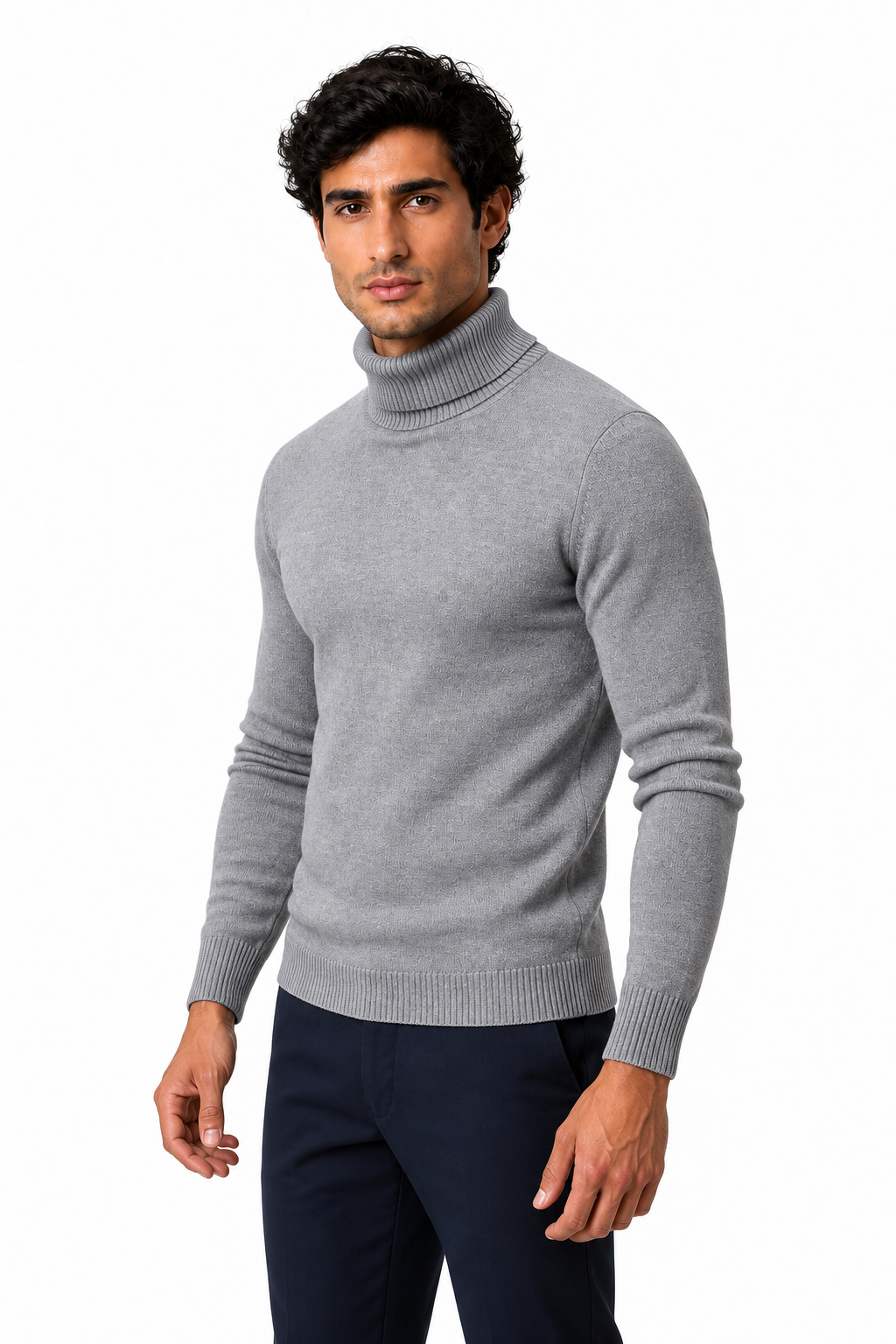 Ventorino Men's Turtleneck Sweater Slim Fit Soft Knit | Ventorino in Gray — model three-quarter view