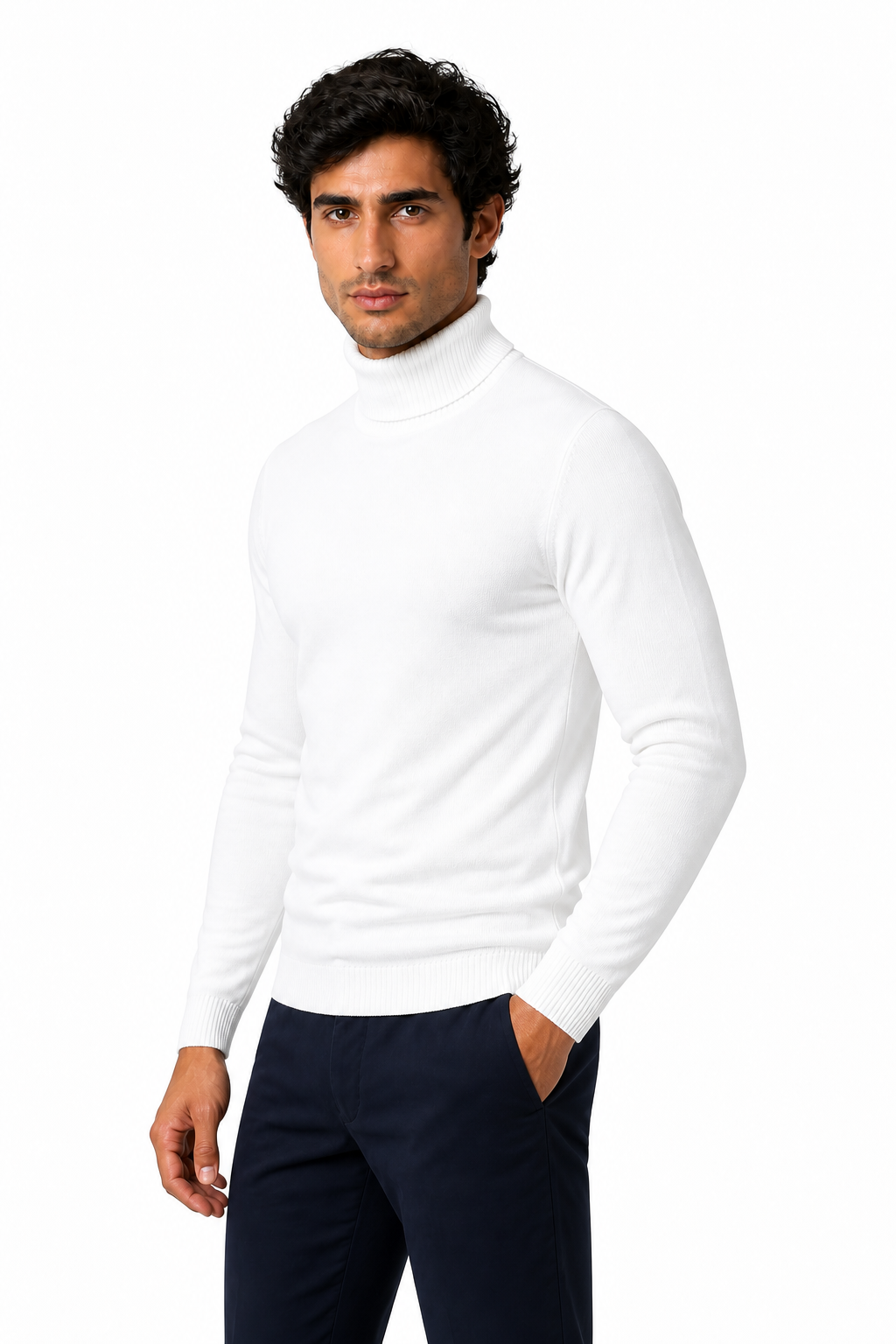 Ventorino Men's Turtleneck Sweater Slim Fit Soft Knit | Ventorino in White — model three-quarter view