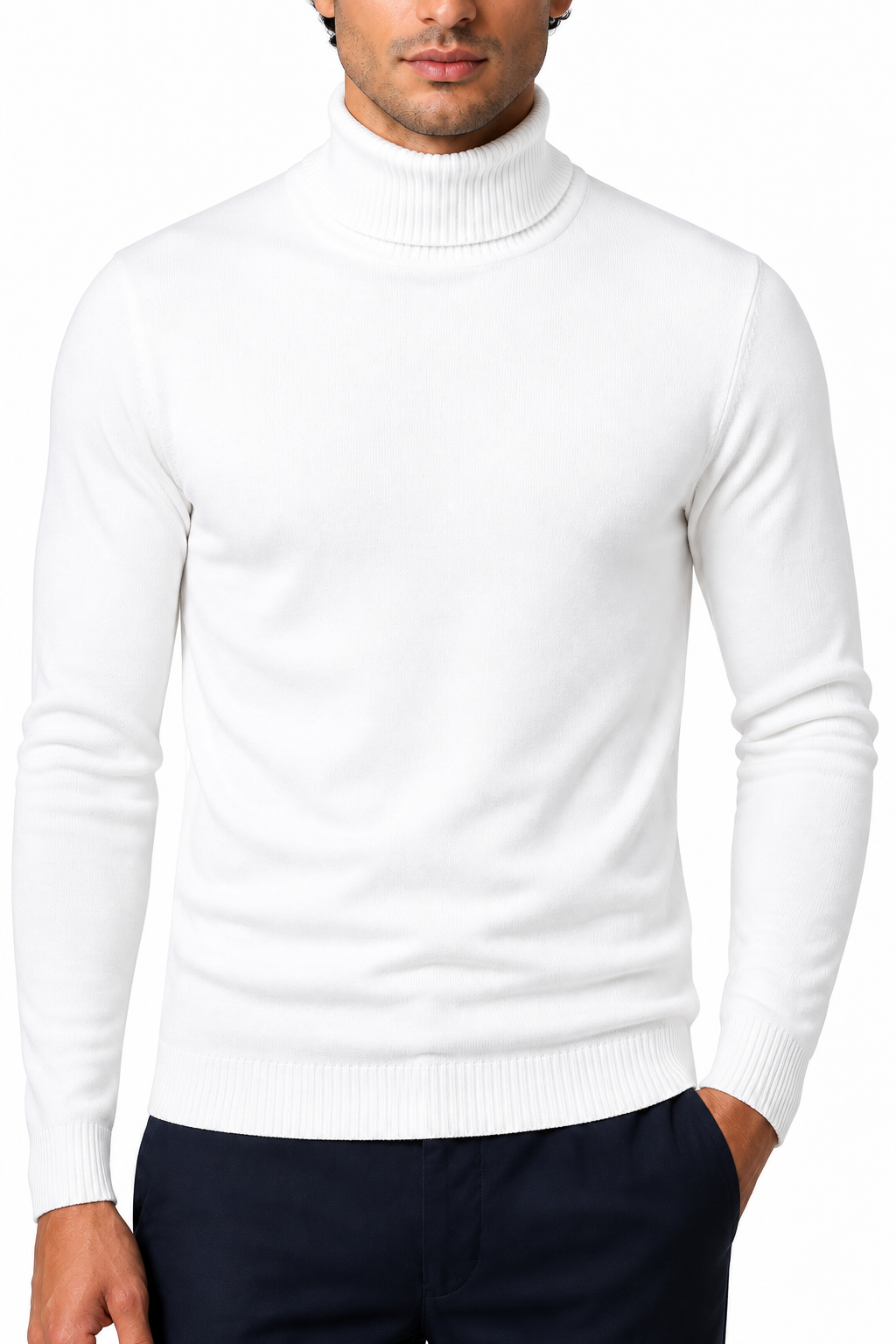Ventorino Men's Turtleneck Sweater Slim Fit Soft Knit | Ventorino in White — garment and fabric detail