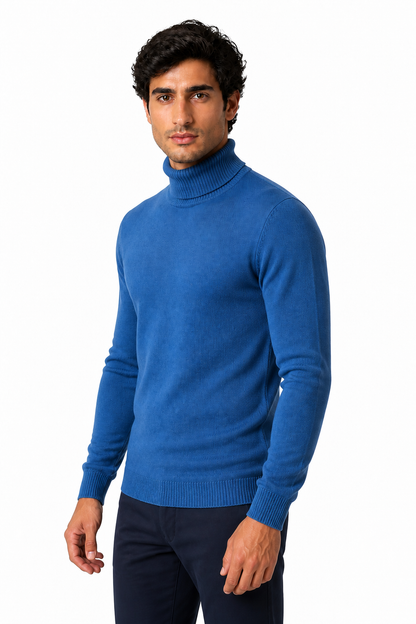Ventorino Men's Turtleneck Sweater Slim Fit Soft Knit | Ventorino in Dark Blue — model three-quarter view