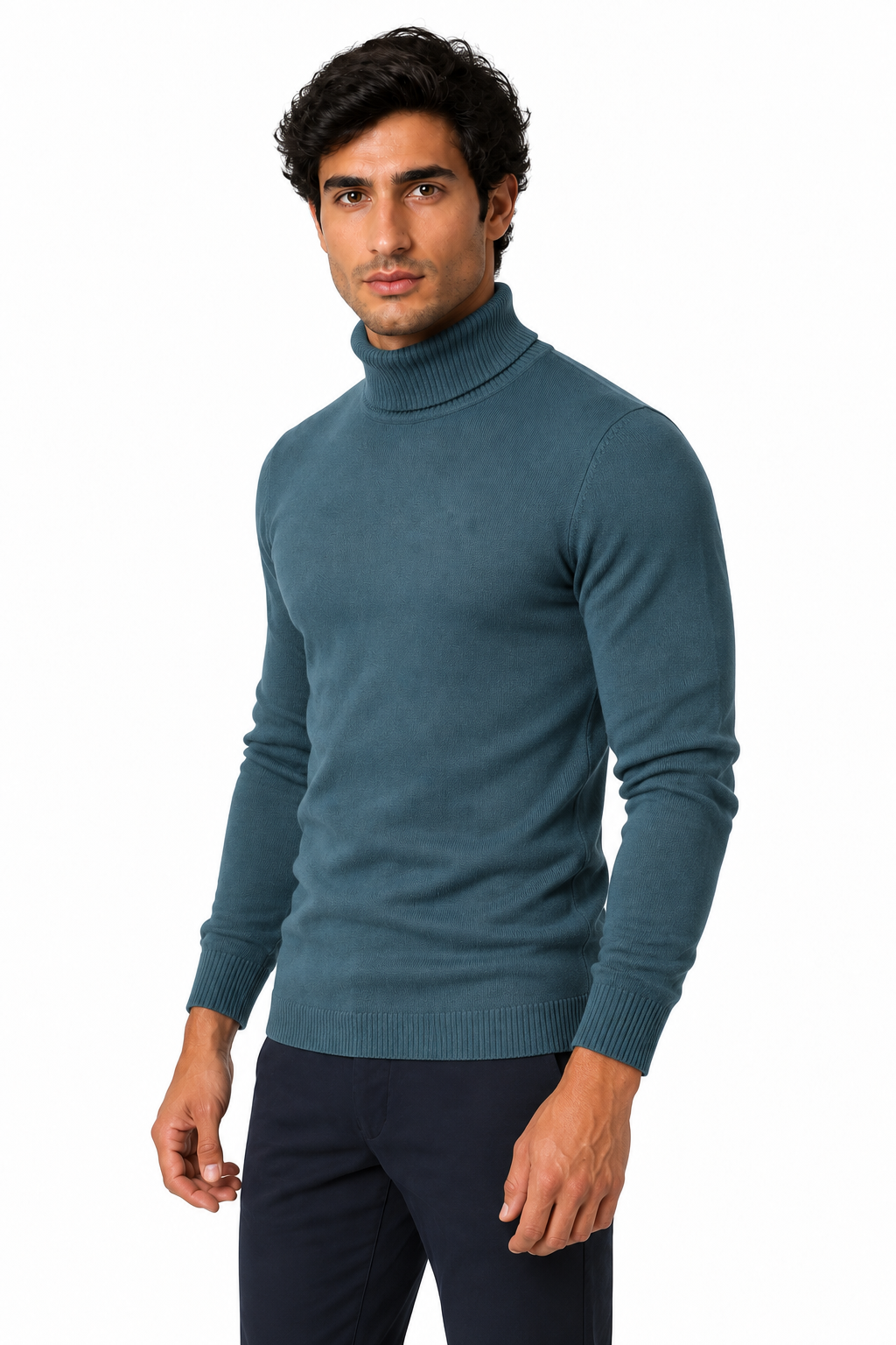 Ventorino Men's Turtleneck Sweater Slim Fit Soft Knit | Ventorino in Denim Blue — model three-quarter view