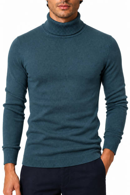 Ventorino Men's Turtleneck Sweater Slim Fit Soft Knit | Ventorino in Denim Blue — garment and fabric detail