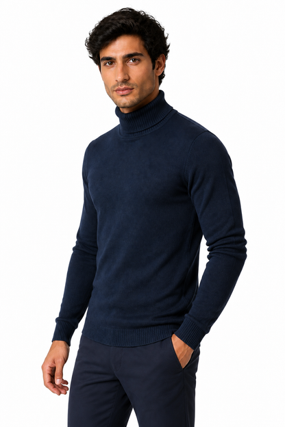 Ventorino Men's Turtleneck Sweater Slim Fit Soft Knit | Ventorino in Blue — model three-quarter view
