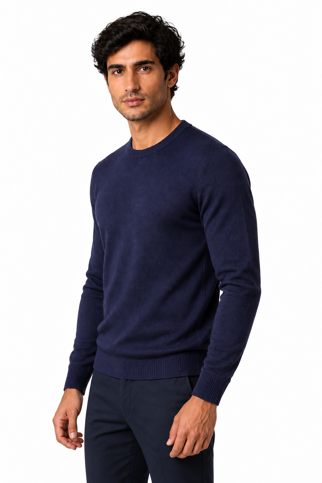 Ventorino Men's Turtleneck Sweater Slim Fit Soft Knit | Ventorino in Navy blue round neck — model three-quarter view
