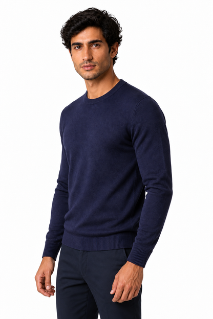 Ventorino Men's Turtleneck Sweater Slim Fit Soft Knit | Ventorino in Navy blue round neck — model three-quarter view
