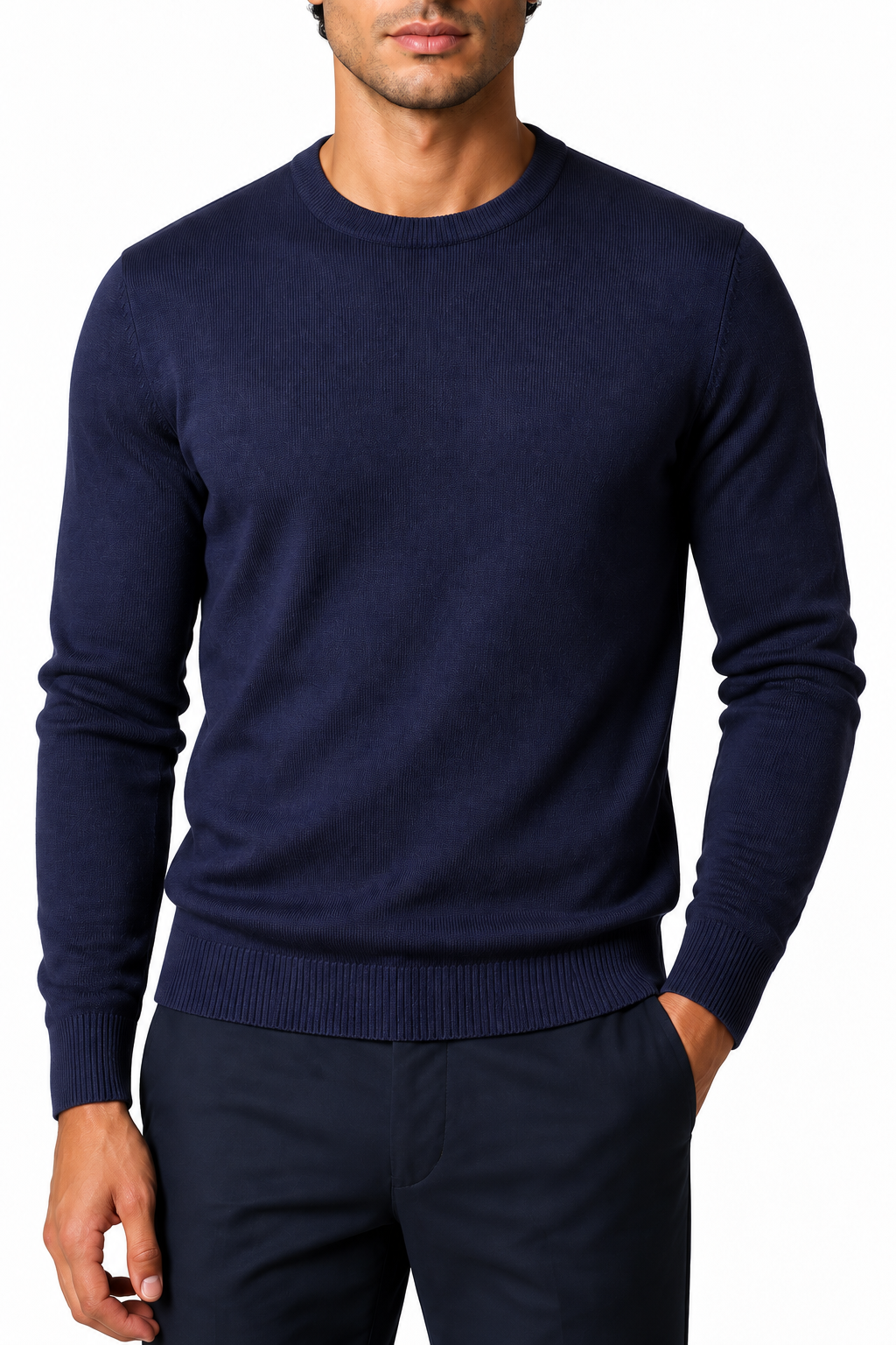 Ventorino Men's Turtleneck Sweater Slim Fit Soft Knit | Ventorino in Navy blue round neck — garment and fabric detail