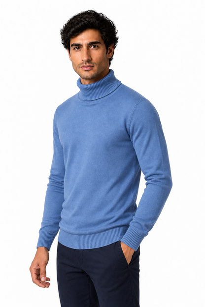 Ventorino Men's Turtleneck Sweater Slim Fit Soft Knit | Ventorino in Highneck Fog Blue — model three-quarter view