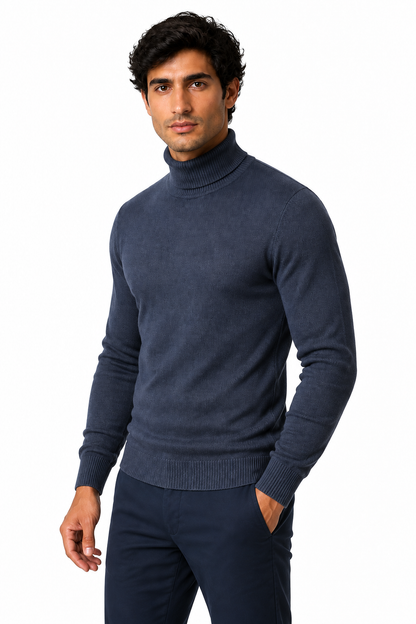 Ventorino Men's Turtleneck Sweater Slim Fit Soft Knit | Ventorino in High neck dark grey — model three-quarter view