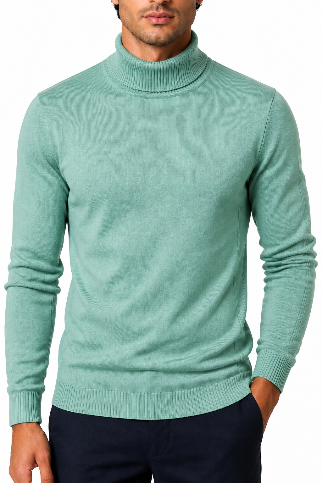 Ventorino Men's Turtleneck Sweater Slim Fit Soft Knit | Ventorino in Light green — garment and fabric detail