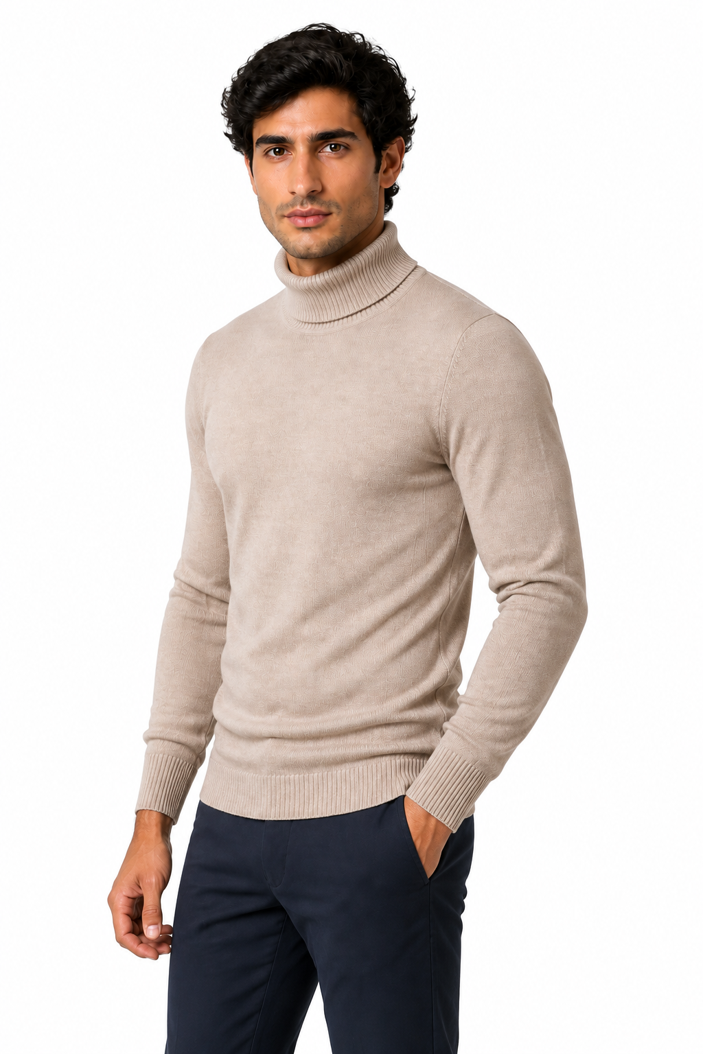 Ventorino Men's Turtleneck Sweater Slim Fit Soft Knit | Ventorino in Khaki — model three-quarter view