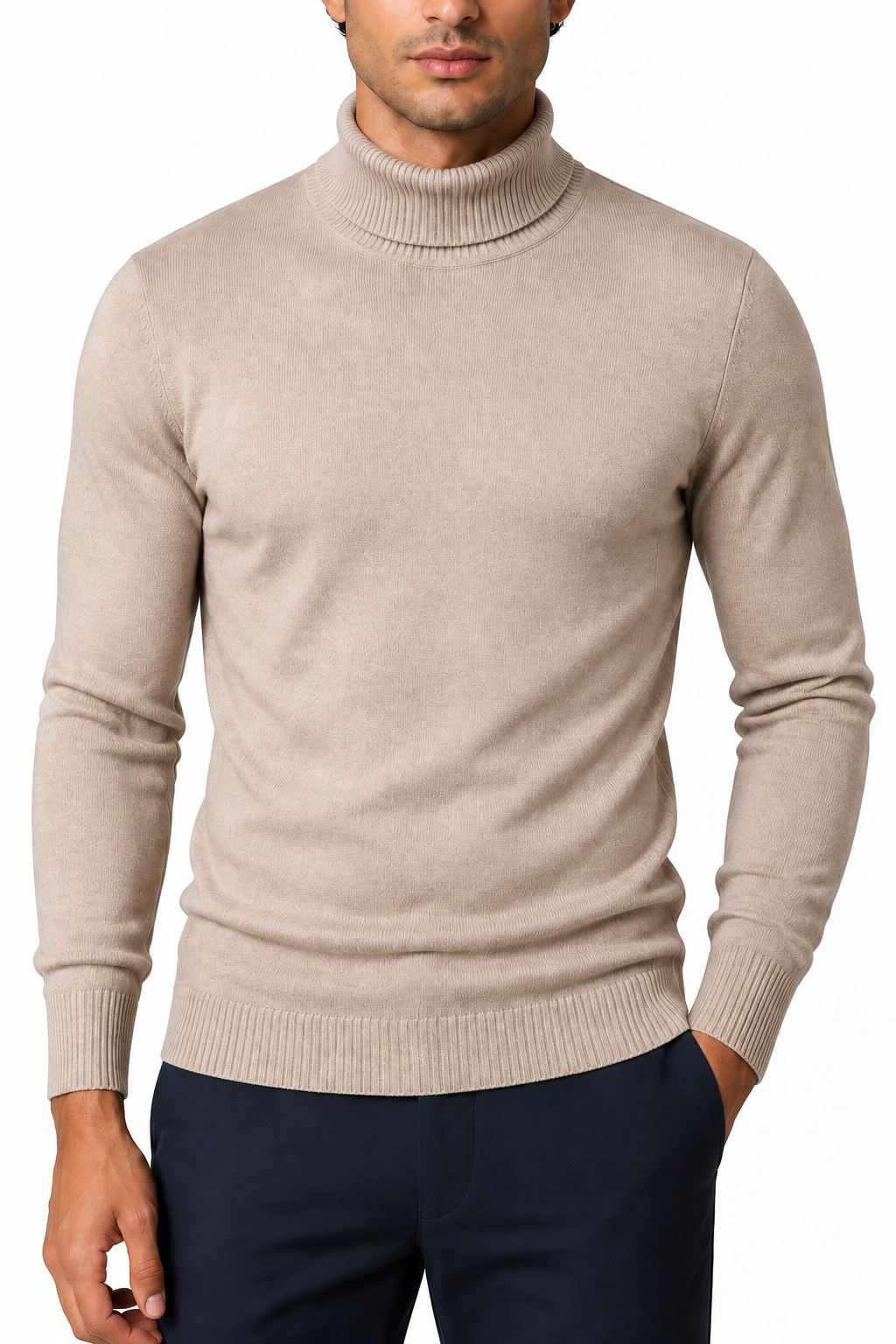 Ventorino Men's Turtleneck Sweater Slim Fit Soft Knit | Ventorino in Khaki — garment and fabric detail