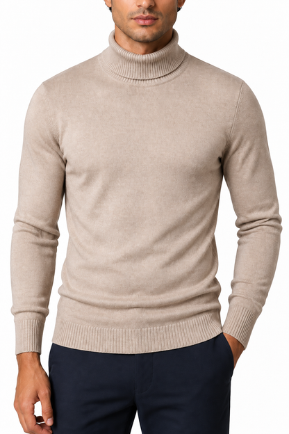 Ventorino Men's Turtleneck Sweater Slim Fit Soft Knit | Ventorino in Khaki — garment and fabric detail