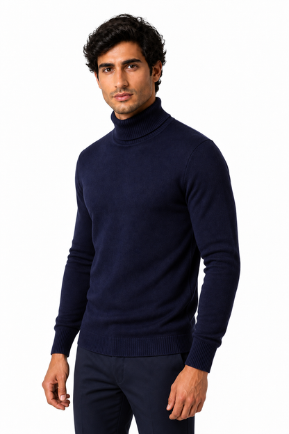 Ventorino Men's Turtleneck Sweater Slim Fit Soft Knit | Ventorino in Navy Blue — model three-quarter view