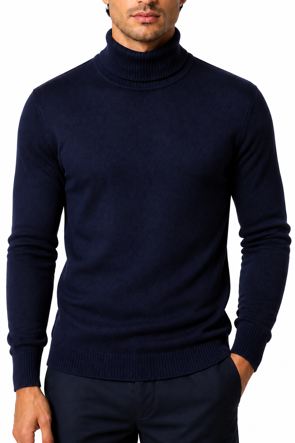 Ventorino Men's Turtleneck Sweater Slim Fit Soft Knit | Ventorino in Navy Blue — garment and fabric detail