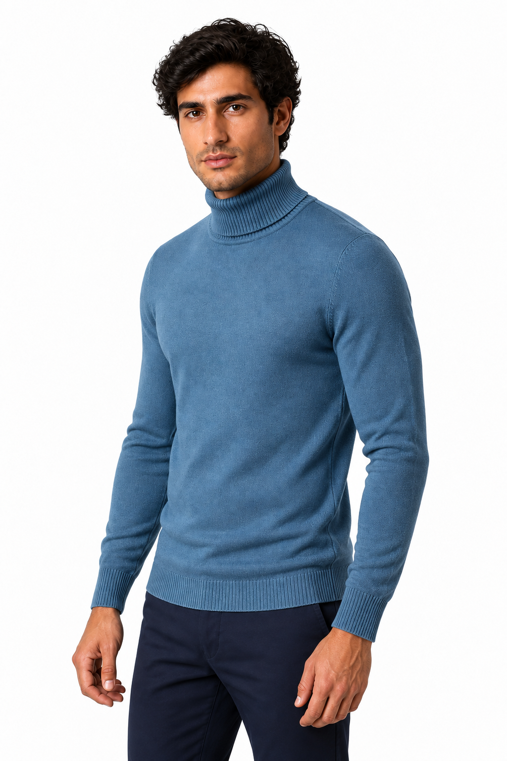Ventorino Men's Turtleneck Sweater Slim Fit Soft Knit | Ventorino in Fog Blue — model three-quarter view