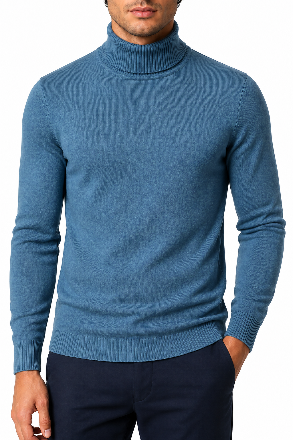 Ventorino Men's Turtleneck Sweater Slim Fit Soft Knit | Ventorino in Fog Blue — garment and fabric detail