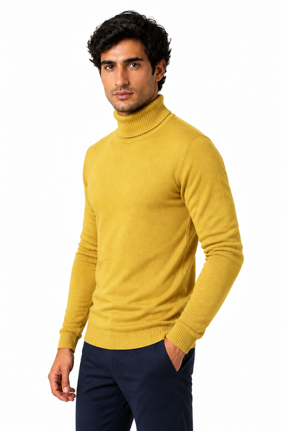 Ventorino Men's Turtleneck Sweater Slim Fit Soft Knit | Ventorino in Grain Yellow — model three-quarter view