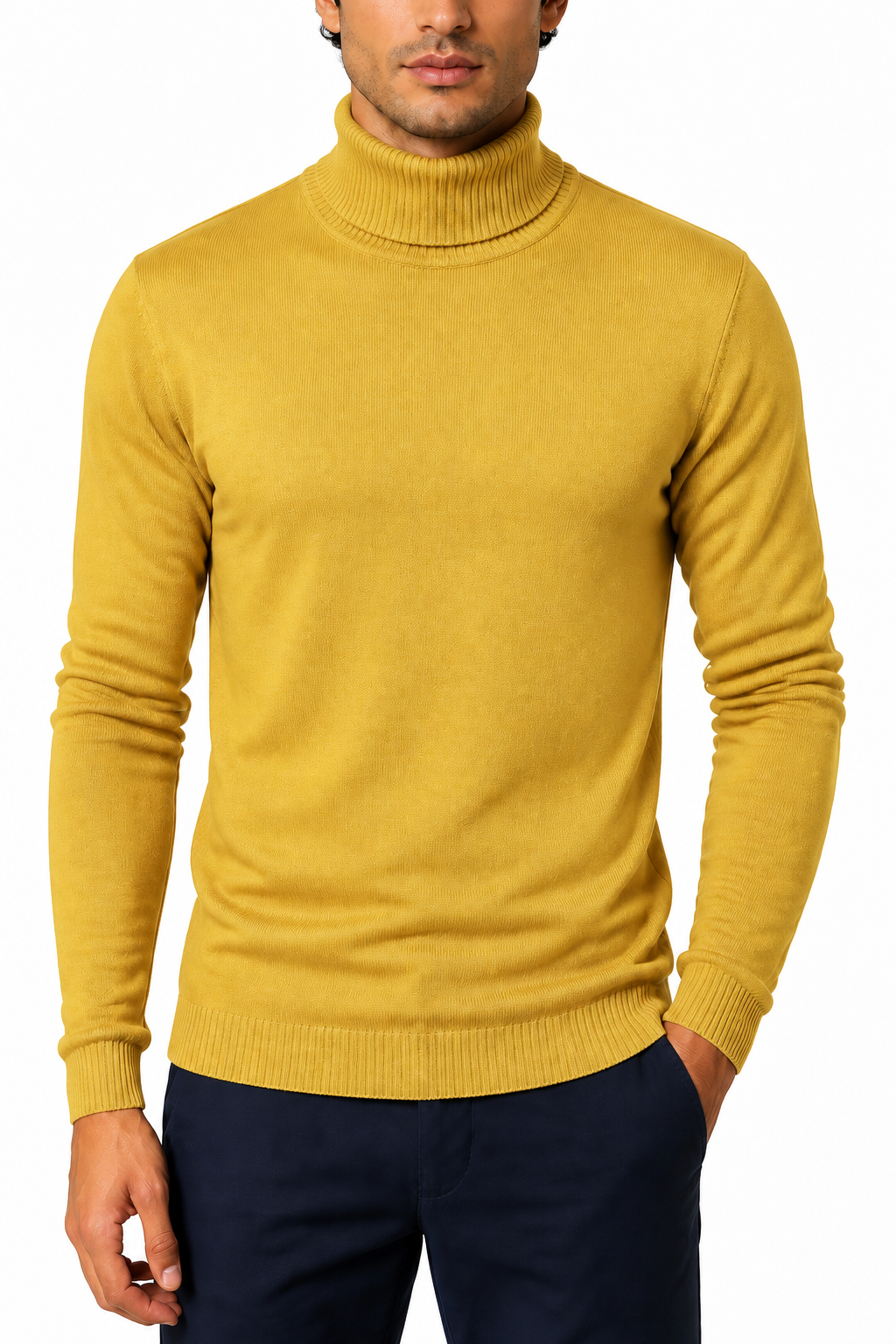 Ventorino Men's Turtleneck Sweater Slim Fit Soft Knit | Ventorino in Grain Yellow — garment and fabric detail