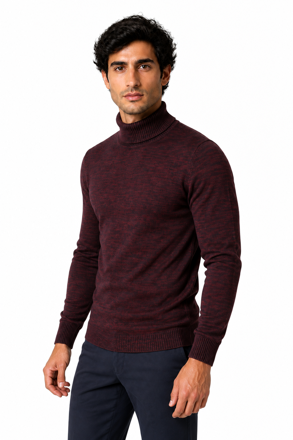 Ventorino Men's Turtleneck Sweater Slim Fit Soft Knit | Ventorino in Black And Red — model three-quarter view