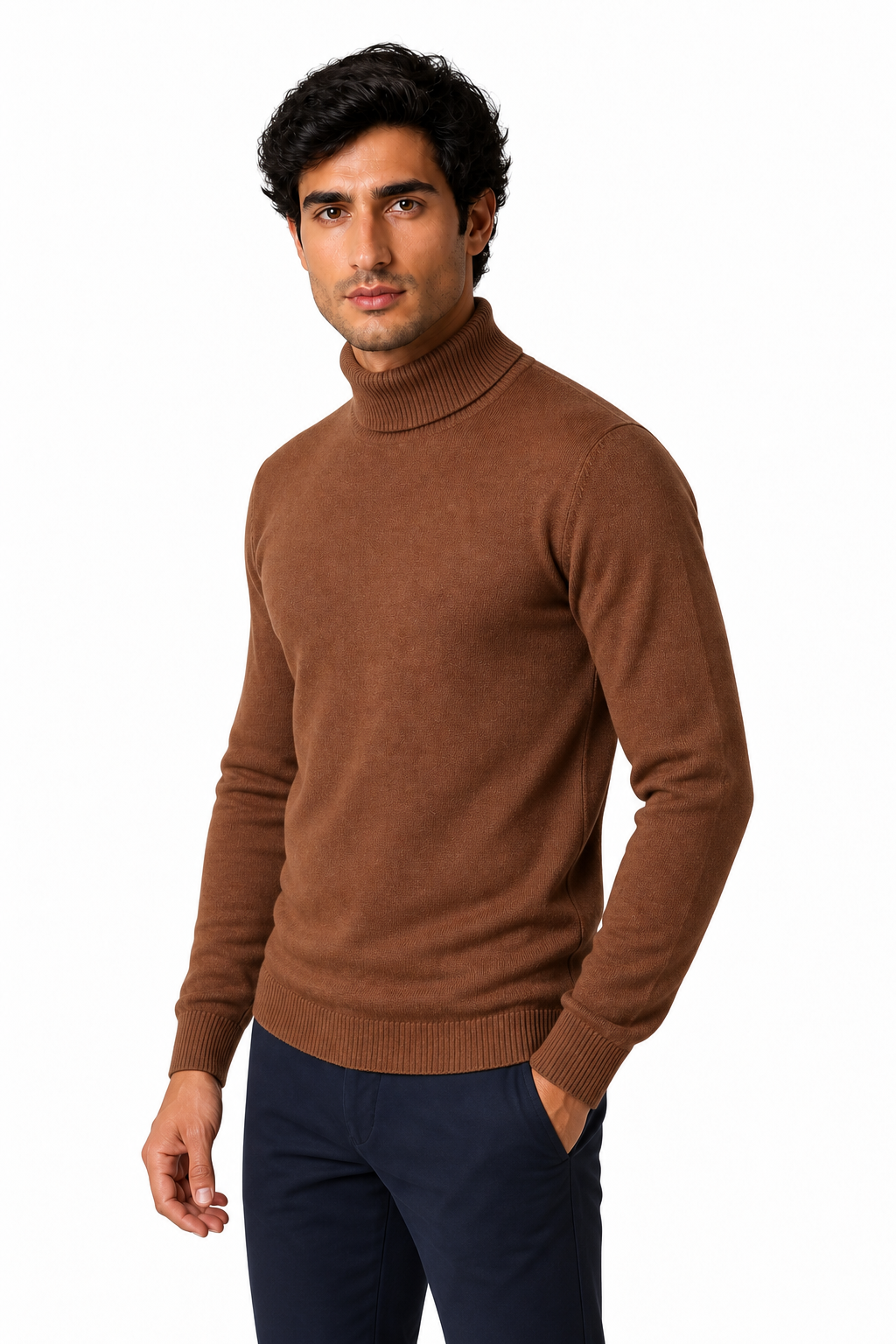 Ventorino Men's Turtleneck Sweater Slim Fit Soft Knit | Ventorino in Flower Coffee — model three-quarter view