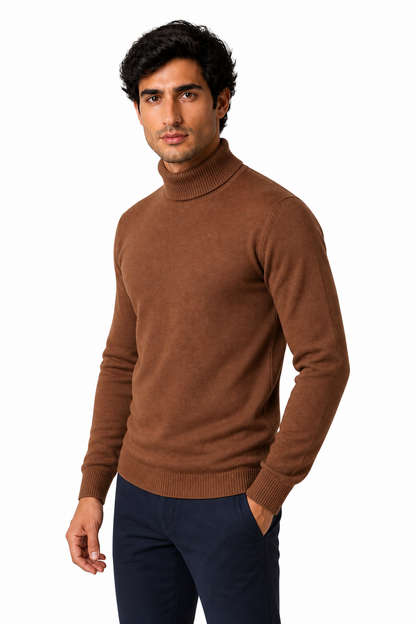 Ventorino Men's Turtleneck Sweater Slim Fit Soft Knit | Ventorino in Flower Coffee — model three-quarter view