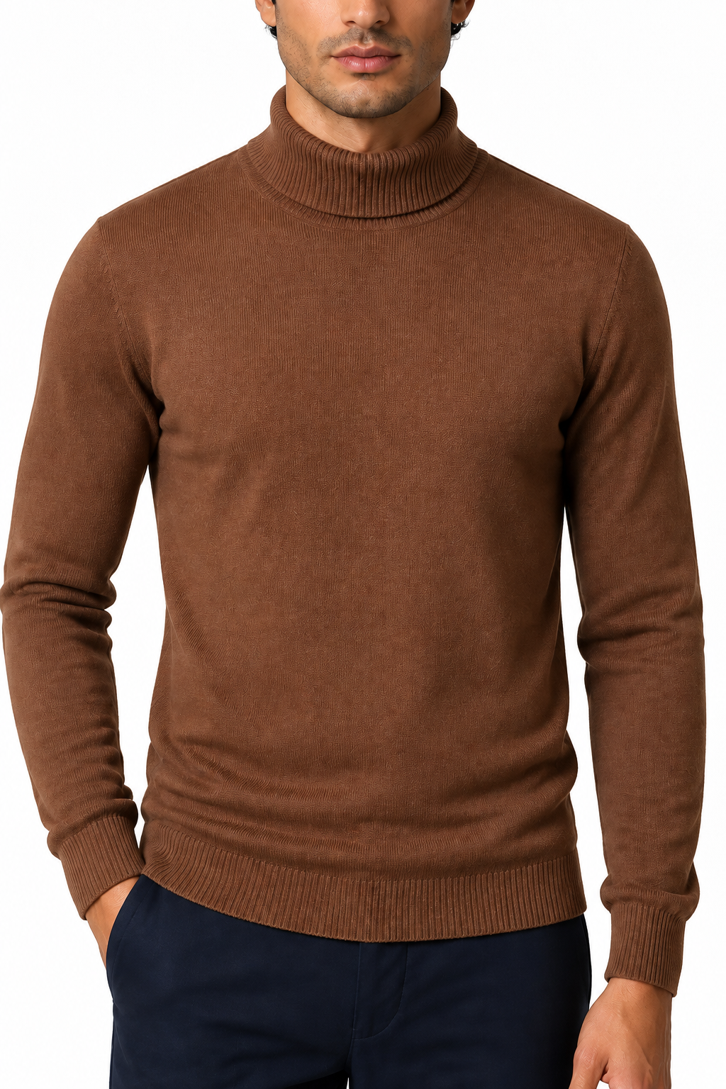 Ventorino Men's Turtleneck Sweater Slim Fit Soft Knit | Ventorino in Flower Coffee — garment and fabric detail