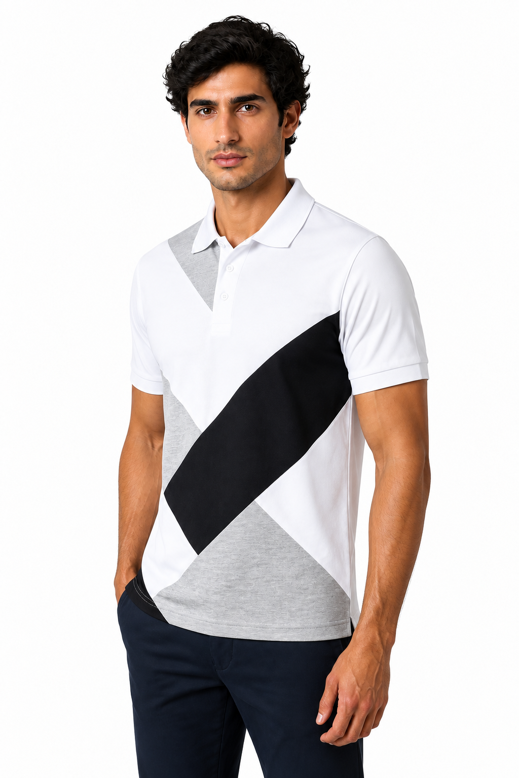 Ventorino Men's Polo Shirt Colorblock Design Short Sleeves | Ventorino in White — model three-quarter view