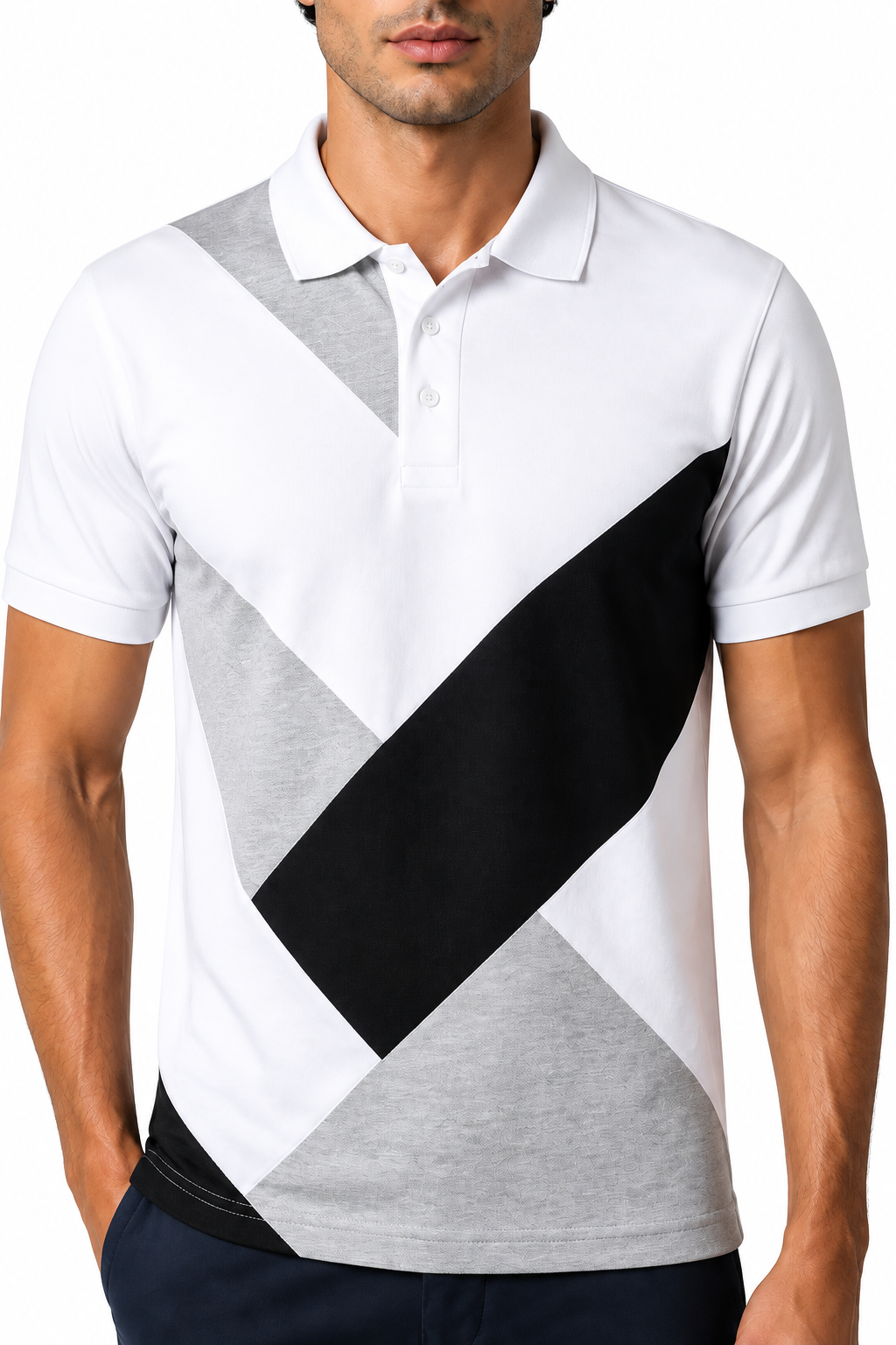 Ventorino Men's Polo Shirt Colorblock Design Short Sleeves | Ventorino in White — garment and fabric detail