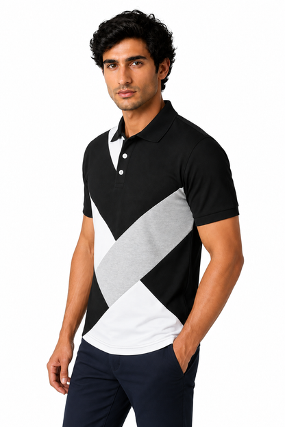 Ventorino Men's Polo Shirt Colorblock Design Short Sleeves | Ventorino in Black — model three-quarter view