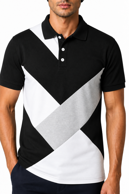 Ventorino Men's Polo Shirt Colorblock Design Short Sleeves | Ventorino in Black — garment and fabric detail