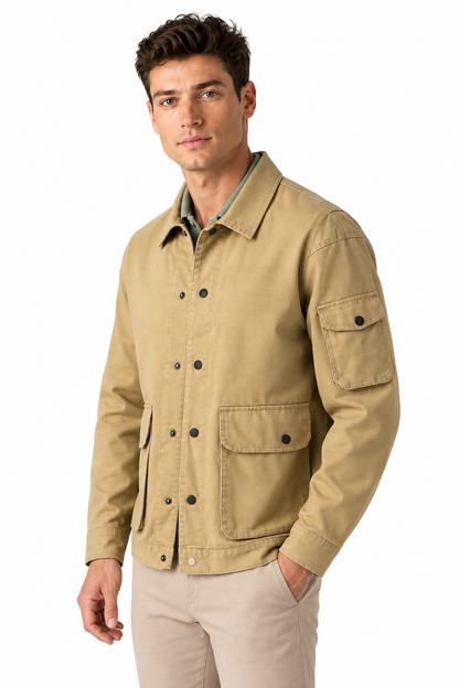 Ventorino Men's Field Jacket Multiple Pockets Casual Fit | Ventorino in Khaki — model three-quarter view