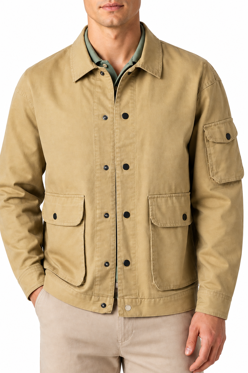 Ventorino Men's Field Jacket Multiple Pockets Casual Fit | Ventorino in Khaki — garment and fabric detail