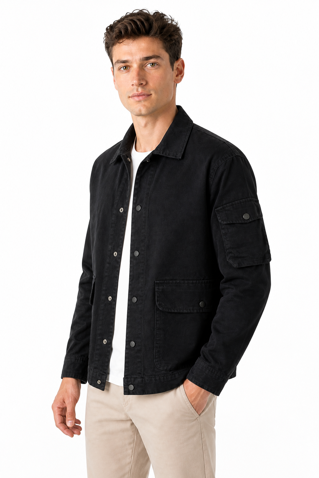 Ventorino Men's Field Jacket Multiple Pockets Casual Fit | Ventorino in Black — model three-quarter view