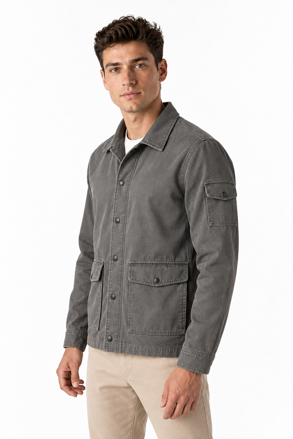 Ventorino Men's Field Jacket Multiple Pockets Casual Fit | Ventorino in Grey — model three-quarter view