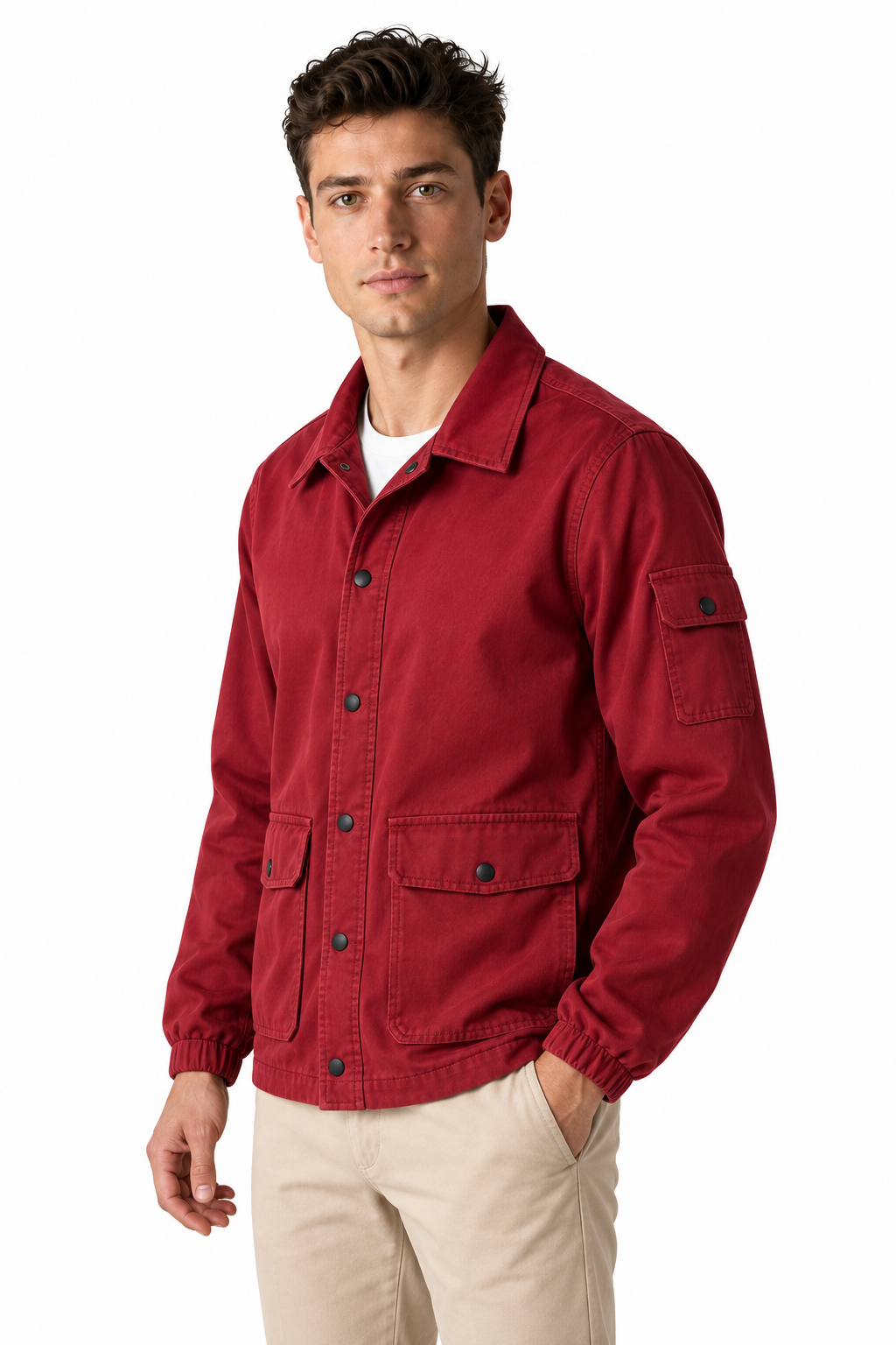Ventorino Men's Field Jacket Multiple Pockets Casual Fit | Ventorino in Red — model three-quarter view
