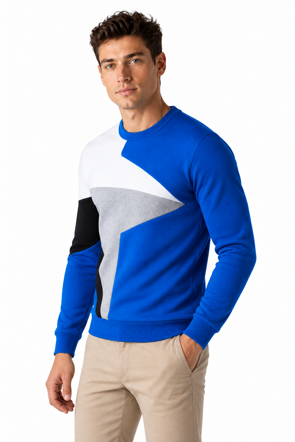 Ventorino Men's Sweater Colorblock Design Crew Neck | Ventorino in Blue — model three-quarter view