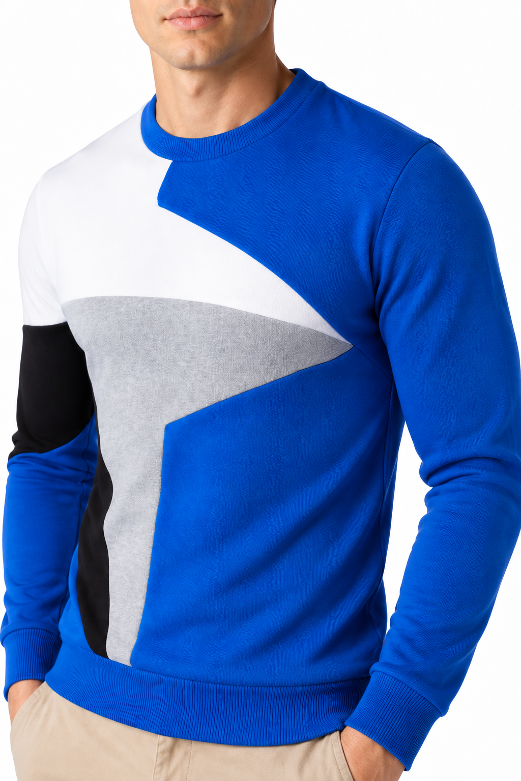 Ventorino Men's Sweater Colorblock Design Crew Neck | Ventorino in Blue — garment and fabric detail