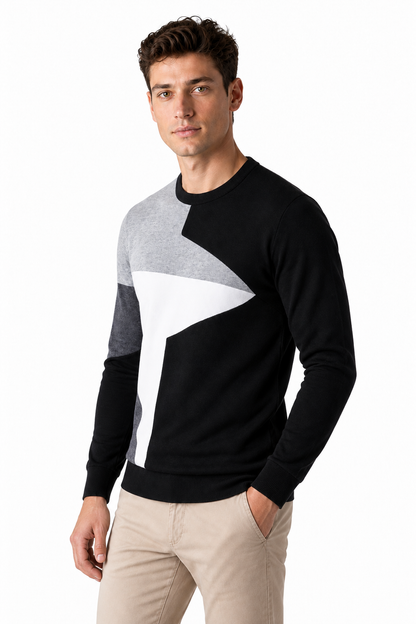 Ventorino Men's Sweater Colorblock Design Crew Neck | Ventorino in Black — model three-quarter view