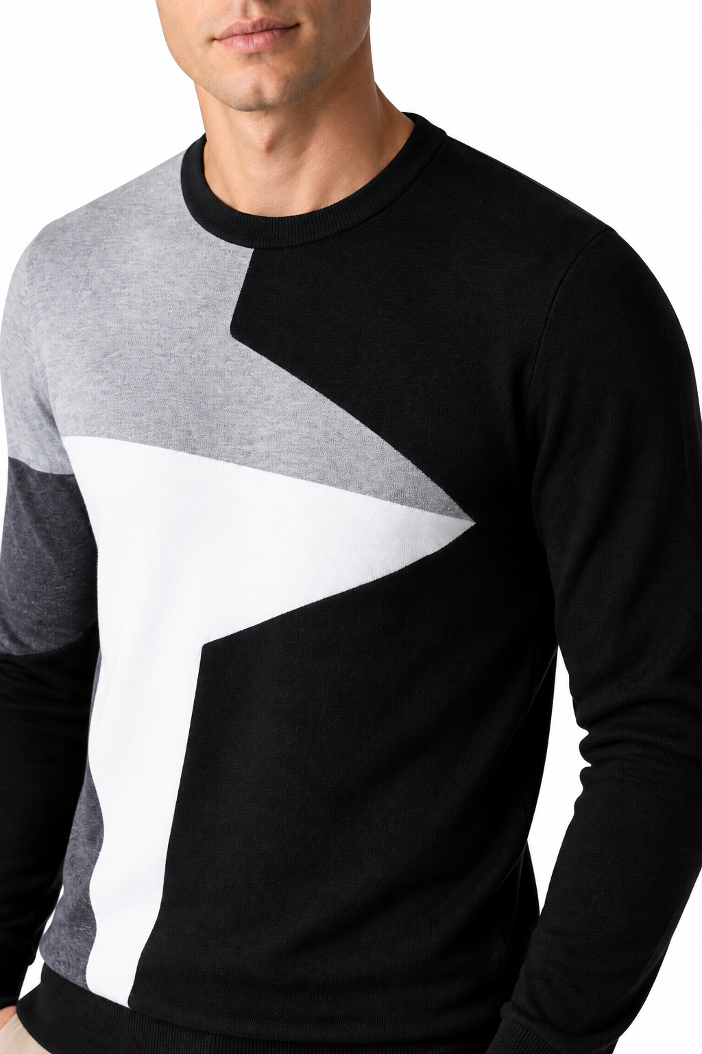 Ventorino Men's Sweater Colorblock Design Crew Neck | Ventorino in Black — garment and fabric detail